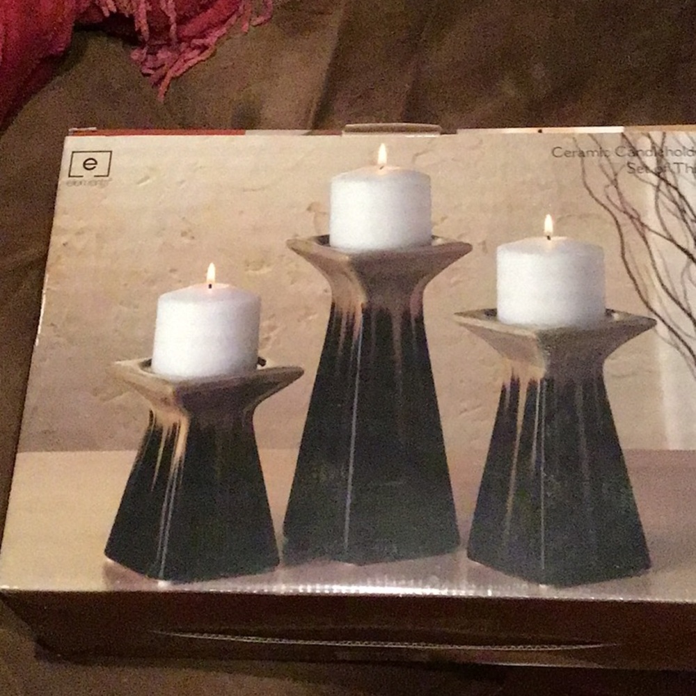 3 piece ceramic candleholders -new in box